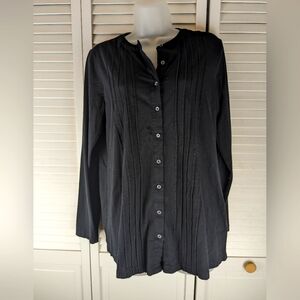 Lands End Black Long Sleeve Pintuck Button Down Mandarin Collar Tunic Top Sz M